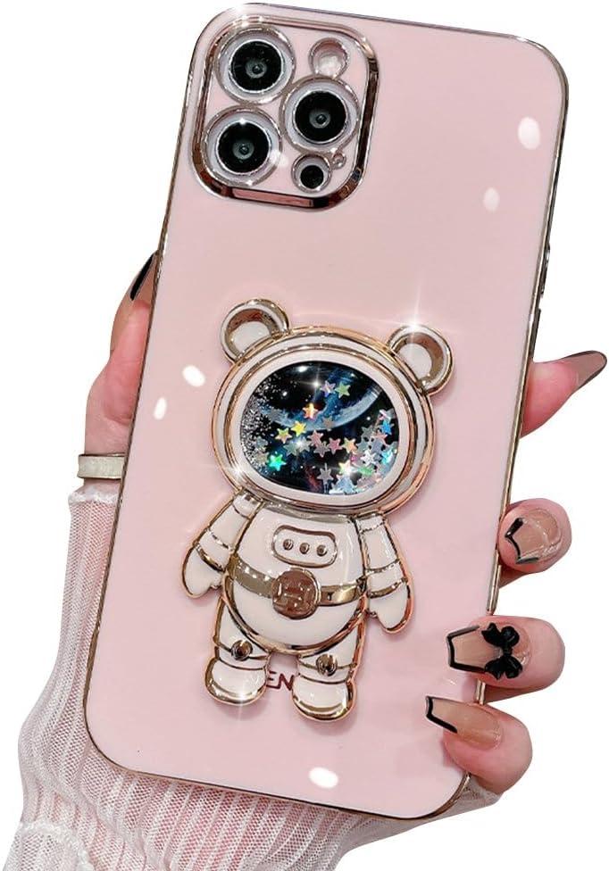 Compatible with iPhone Case,Cute Astronauts Glitter Sparkle Bling Liquid Quicksand Electroplated Holder Kickstand Stand Shockproof Cover Phone Case (Pink, iPhone 15 Plus)