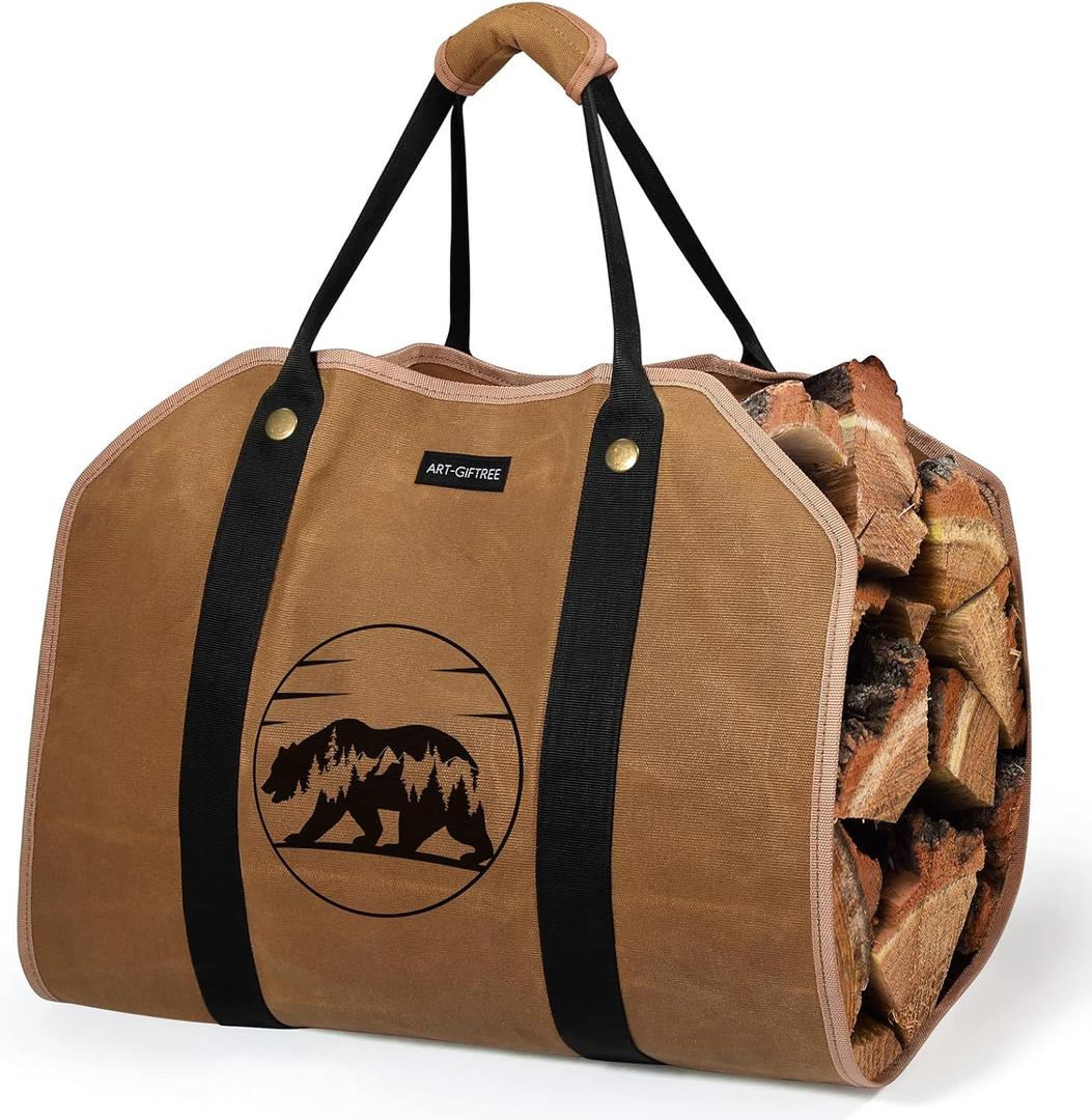 2 x Large Firewood Carrier 39 x 18 inches Waxed Canvas Logs Carrier Tote Bag with Handles, Heavy Duty Wood Holder for Fireplace - Bear
