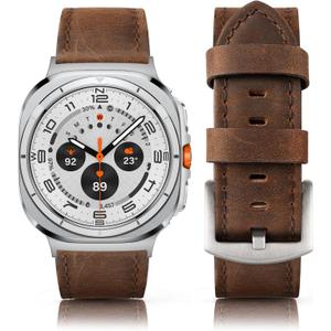 Leather Band Compatible with Samsung Galaxy Watch Ultra 47mm (2025/2024), Vintage Genuine Leather Wristband Replacement Band (2 Brown/Silver)