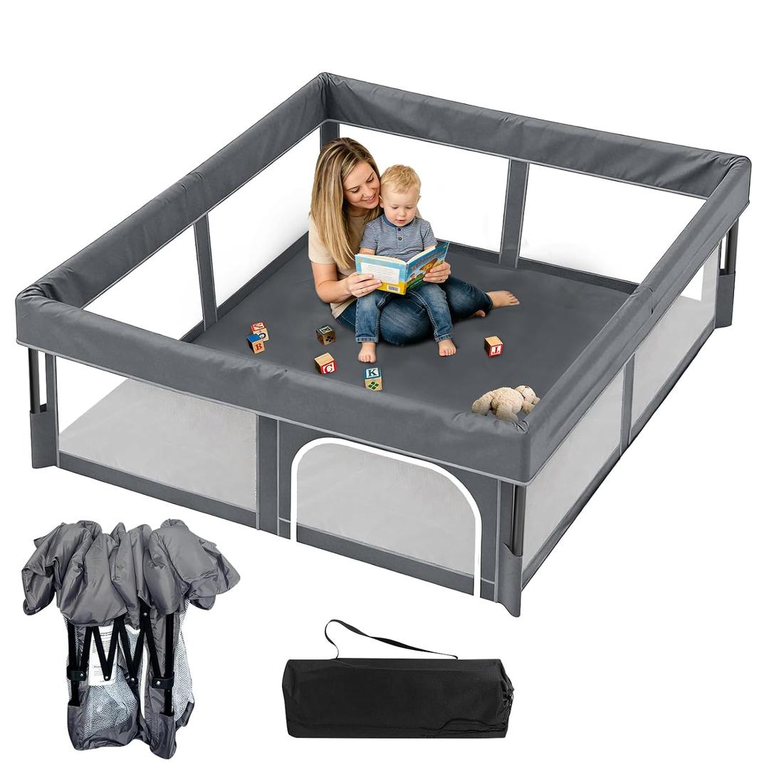 Foldable Baby Playpen, 63"63" Play Yard for Toddlers, Portable & Collapsible Playpen with Gate, ASTM & CPSC Certified, Skin-Friendly & Breathable Mesh, Ideal for Indoor & Outdoor Use with Bag