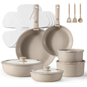 CAROTE Pots and Pans Set, Nonstick Cookware Set Detachable Handle, 11pcs Kitchen Cookware Sets Non Stick with Removable Handle, Induction RV Cookware Set, Oven Safe, Almond