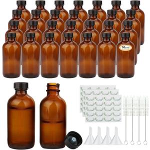 4oz Amber Glass Bottles, Boston Round Glass Bottles (50 Pack) with Leak-proof Caps, Refillable Container for Homemade Vanilla Extract, Essential Oils, Herbal Medicine and More