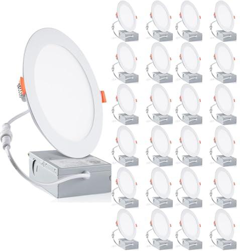 meccein 24-Pack 6 Inch LED Recessed Lights 6500K Daylight Ultra-Thin Canless Wafer Downlight with Junction Box, 12W 1050LM Ceiling Lights for Kitchen Living Room Hallway Office&FCC