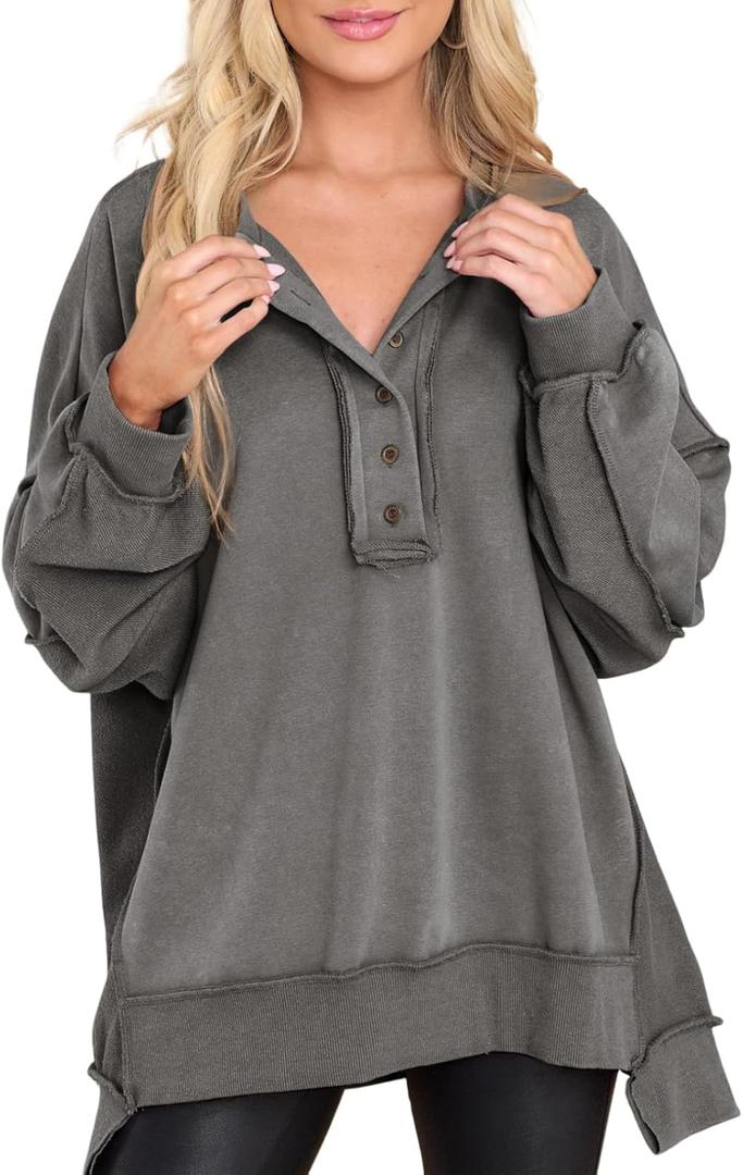 AlvaQ Sweatshirt for Women Oversized Casual Long Sleeve Button Henley Neck Pullover Tunic Tops Fall Fashion Outfits (Medium, Grey)