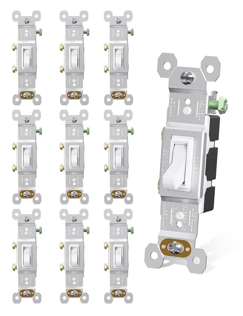 AIDA 15 Amp Single Pole Quiet Indoor Toggle Switch Self-Grounding ON Off, Residential Grade, UL Listed, Quickwire Push-in & Side Wired (White, 10 Pack)