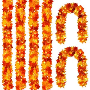 Joyhalo 6 Pack Fall Garland with Lights, Fall Leaves for Mantle, Outdoor Lighted Up Leaf Garland Autumn Decor with 6.5FT LED String Lights, Hanging Maple Leaves for Door, Thanksgiving Decor