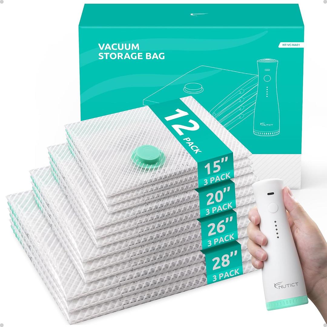 NUTICT 12 Pack Vacuum Storage Bags for Travel with Rechargeable Electric Pump, Long-Term Reusable Vacuum Seal Bags for Clothes and Blankets Compression, Carry-on Space Saver for Luggage and Suitcase