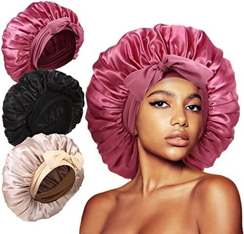 3Pcs Bonnets for Sleeping, Extra Satin Silk Bonnet for Sleeping Women with Tie Band for Curly Hair Jumbo Bonnet Braids