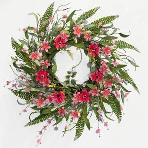 24" Artificial Spring Wreaths for Front Door, Handmade Pink Daisy Flower, Summer Large Wreath for Festival Wall Window Porch Patio Garden Farmhouse Decor