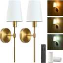 Battery Operated Wall Sconce Set of 2, White Fabric Shade Rechargeable Wall Lights with 2 * 4000mAh Magnetic Battery Bulbs, 3CCT Selectable, Dimmable Wireless Sconces for Bedroom Living Room Hallway (Gold-Slanting lampshade, Gold)