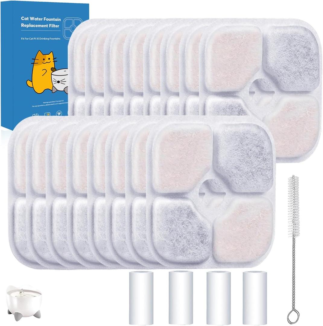16-Pack Cat Water Fountain Filter Compatible With Catit Pixi Water Fountain Filter Replacement Triple Action Water Filter, 4 Pump Tubes 1 Hard Brush
