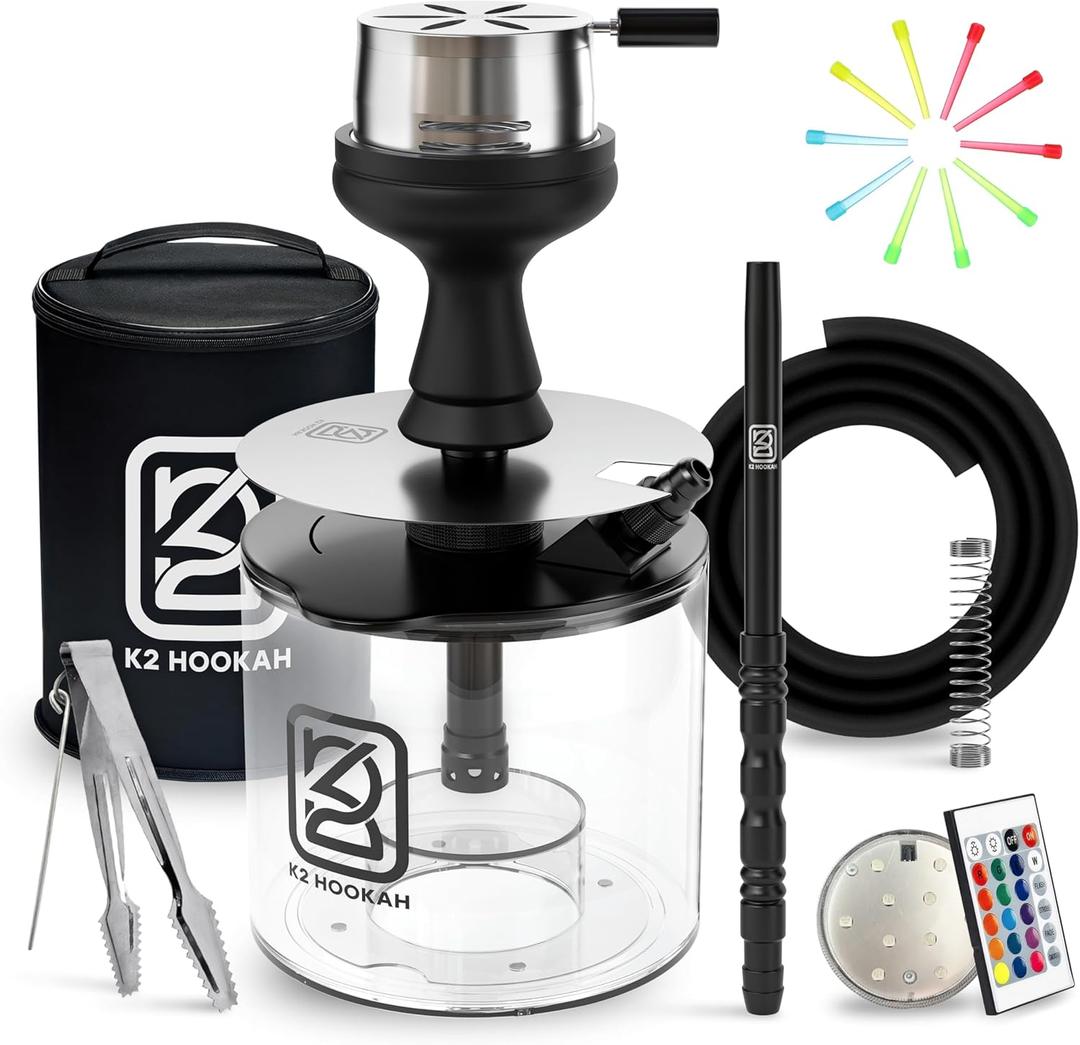 Portable Acrylic Hookah Set With Everything Charocal Holder HMD Tongs Accessories Shisha Bowl (NOVA -BLACK)