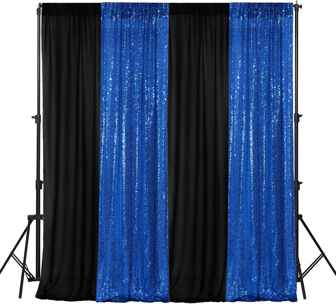 VitalCozy 4 Panels Backdrop Curtains 2 Pcs 4 x 10 ft Sequin Glitter 2 Pcs 7 x 10 ft Chiffon Photo Background Curtains for Graduation Wedding Birthday Party Decorations(Black, Royal Blue)