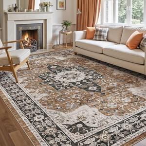 DEXI Area Rugs for Living Room, 8x12 Washable Low Pile Vintage Traditional Rug for Bedroom, Non Slip Large Indoor Carpet for Dining Office Nursery, Brown