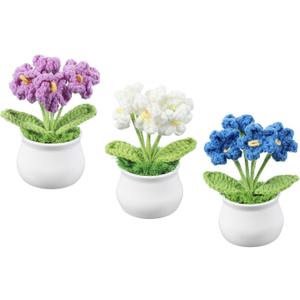 PATIKIL Crochet Flowers, 3 Pcs Knitting Crochet Flowers 6 Head Forget-Me-Nots Potted Plants Handmade Flowers Birthday Wedding Car Gift Home Decor, Purple/Blue