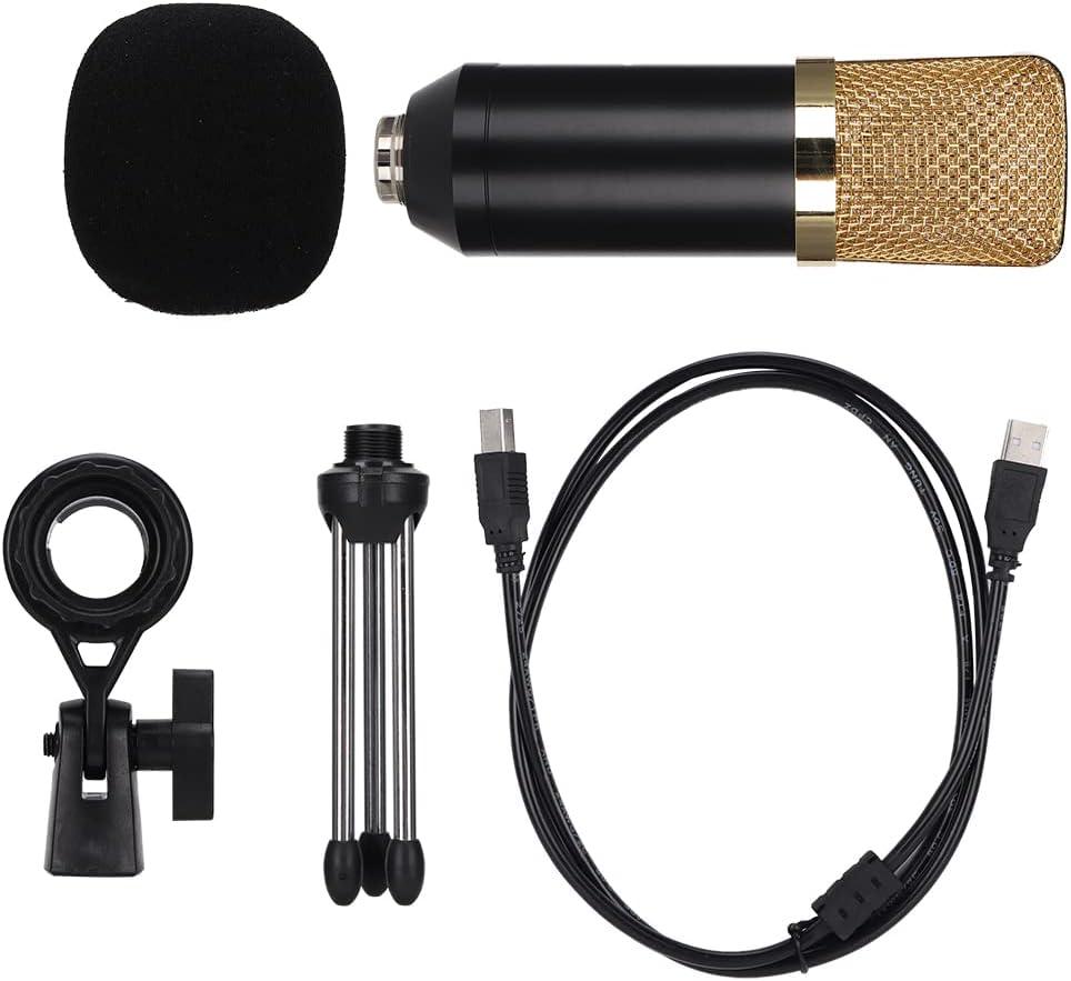 Portable Condenser USB Microphone for PC Laptop, Professional Recording Microphone with Tripod Stand, Cardioid Pickup Pattern for Online Chat and Singing, Plug and Play USB Mic wit (Black Gold)