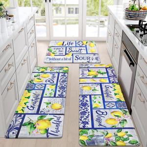 Likiyol 3Pcs Lemon Kitchen Rugs Kitchen Mats for Floor Non Slip Washable, Farmhouse Anti Fatigue Mats for Kitchen Floor, Grateful Inspirational Standing Floor Mats, 18''x30''+18''x48''+18''x60''
