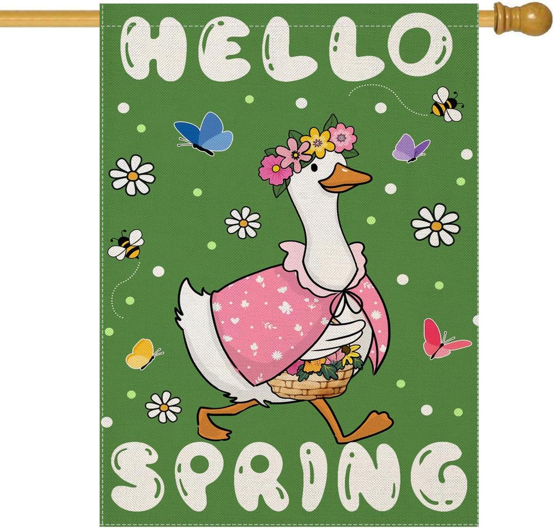 Hello Spring House Flags for Outdoor Decoration, Funny Goose with Flowers Large Yard Flag,Seasonal Decorative Decor for Holiday Summer Outside 28x40 Inch Vertical Double Sided