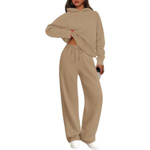 PRETTYGARDEN Women's 2 Piece Outfits Fall Sweatsuits Oversized Hoodies Wide Leg Sweatpants Tracksuits Lounge Matching Sets (Medium, Khaki)
