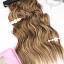 2 x ALXNAN Clip in Hair Extension6PCS Brown with Highlights Long Wavy Hair Extension 24 Inch Thick Soft Synthetic Hair Double Weft Hairpieces for Women