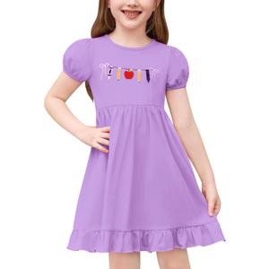 ODASDO Girls Back to School Dress Apple Pencil Embroidered Short Sleeve Ruffle Swing Twirly Dress Summer Outfit (Purple)