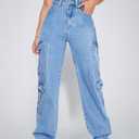 Women's High Waist Baggy Cargo Jeans Flap Pocket Y2K Streetwear Wide Leg Denim Pants (Blue, L)