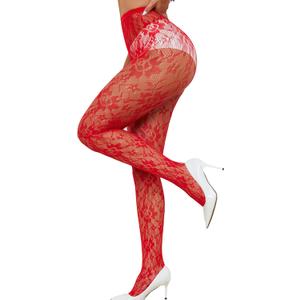 Lace Tights Lace Stockings Sunflower Fishnet Stockings for Women Leggings Floral Pantyhose (Red)