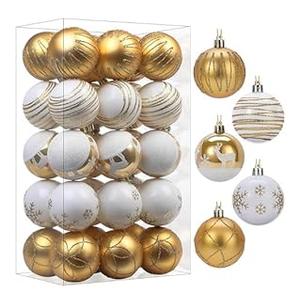 SHareconn 30ct 2.36 Inch Christmas Tree Balls Ornaments, Colored Shatterproof Plastic Decorative Baubles Decorations for Xmas Tree Decor Holiday Party Wedding Decoration (Gold & White, 60mm)