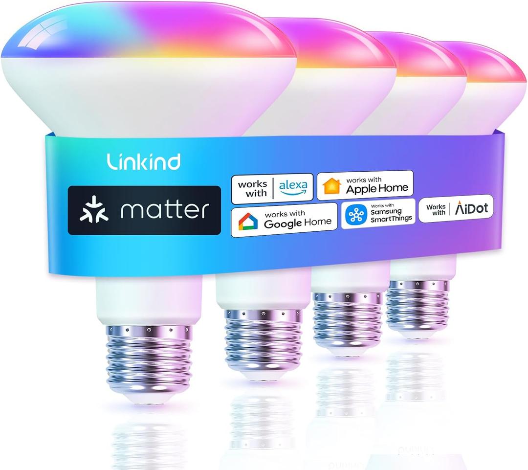 Linkind Matter Smart Light Bulb, BR30 Smart Bulbs, Recessed LED Color Changing Light Bulbs RGBTW, E26 Smart Flood Light Bulbs 650LM 60W Work with Alexa, Apple Home, Google Home, SmartThings, 4Pack (Single-zone)