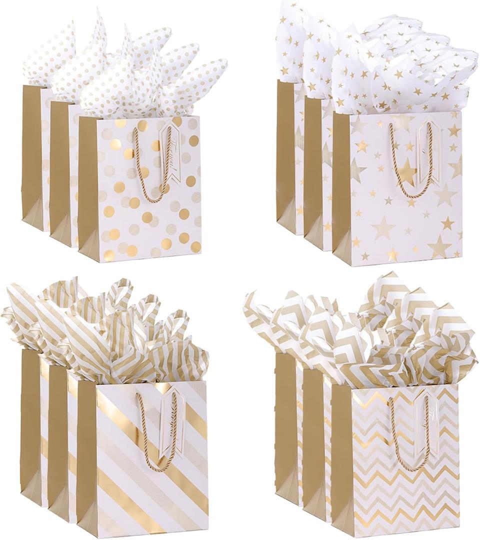 Dimetey 12pcs 9" Gift Bags, Medium Size Paper Bags with Tissue Paper, White Gold Wrap Paper Gift Bags with Handles for Shopping Party Wedding Baby Shower Holiday Presents (Gold)