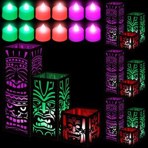 12 Pcs Tiki Totem Boxes Decor Hawaiian Luau Centerpieces for Table 3 Size Paper Lantern Box Tropical Aloha Table Decoration for Survivor Summer Birthday Beach Tiki Bar Party Decor Supplies (Lantern: Black, Light: Red, Pink, Green)