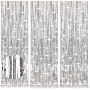 Accevo Silver Party Streamers 3Pack Metallic Tinsel Foil Fringe Curtains 3.2ft x 8.2ft Party Decorations for Photo Booth Photoshoot Birthday Bridal Shower Engagement Bachelorette Disco Party Decor (3 Pack, Silver)