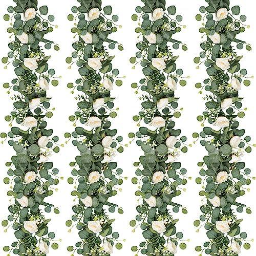 TOCHGREEN 4 Pack Artificial Eucalyptus Flower Garland with White Roses, Fake Rose Flower Greenery Garland Floral Vines for Wedding Home Party Table Runner Decor (4PCS, White)