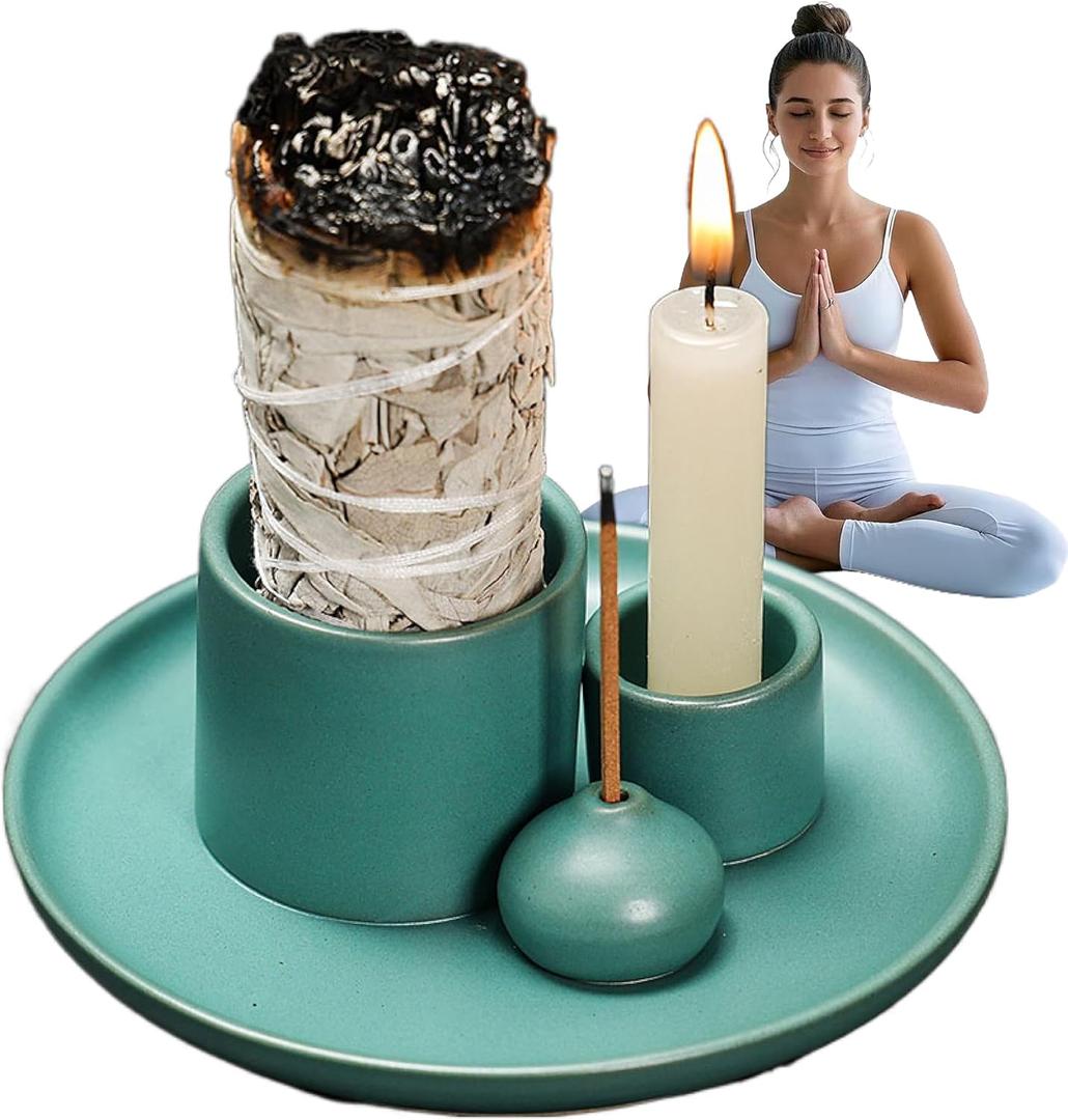 4 - in - 1 Ceramic Incense Burner: Holds Incense Sticks, Palo Santo Sage. Features Ash Catcher Tray. Also a Candle Holder. Handmade, Ideal for Meditation Yoga, Easy to Clean