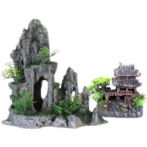 Extra Large Aquarium Decorations kit - Ancient Temple in The Mountain, Japanese Aquarium Decorations Resin Aquarium Castle Decorations Aquarium Mountain View Stone