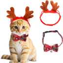 Cat Christmas Costume Reindeer Headband and Collar for Small Cat Dog Christmas Halloween Party Cosplay Supplies (Red Christmas)