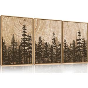 Forest Pine Tree Framed Canvas Wall Art Set,Rustic Woodland Landscape Wall Decor,Large Vintage Natural Painting,Retro Brown Artwork for Living Room,Bedroom, Kitchen,Study,Office - 16"x24"x3