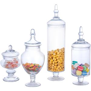 MyGift 4 Piece Set Clear Glass Apothecary Jars with Lids, Bathroom Decor, Candy Buffet, Wedding Centerpiece Decorative Jar
