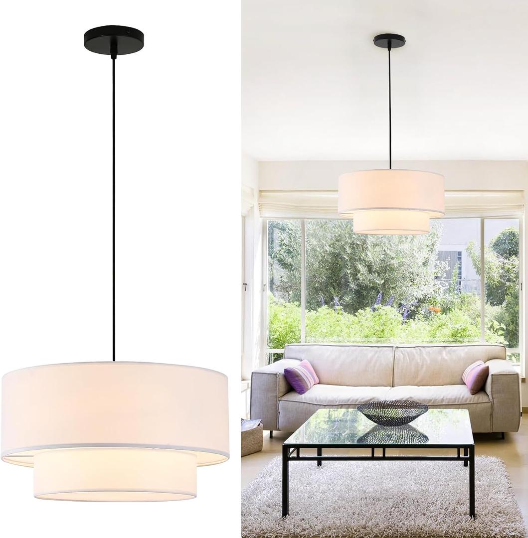 18" Drum Pendant Light Fixture, 3 Light Drum Chandelier with Wihte Fabric Lampshade, 2 Tier Dining Room Light Fixtures over Table, Ceiling Drum Chandeliers for Dining Room, Bedroom and Living Room, Hardwired