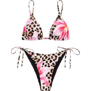 ZAFUL Women's Triangle Bikini Floral String Bikini Set Two Piece Swimsuit Bathing Suits (X-Large, 2-leopard Light Brown)