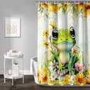 AILONEN Green Frog Shower Curtain,Cute Cartoon Frog Waterproof Fabric Shower Curtain for Bathroom,Beautiful Sunflower Kawaii Tree Frog Shower Curtain Set with Hooks for Kids Boys Girls,72" W*78" H