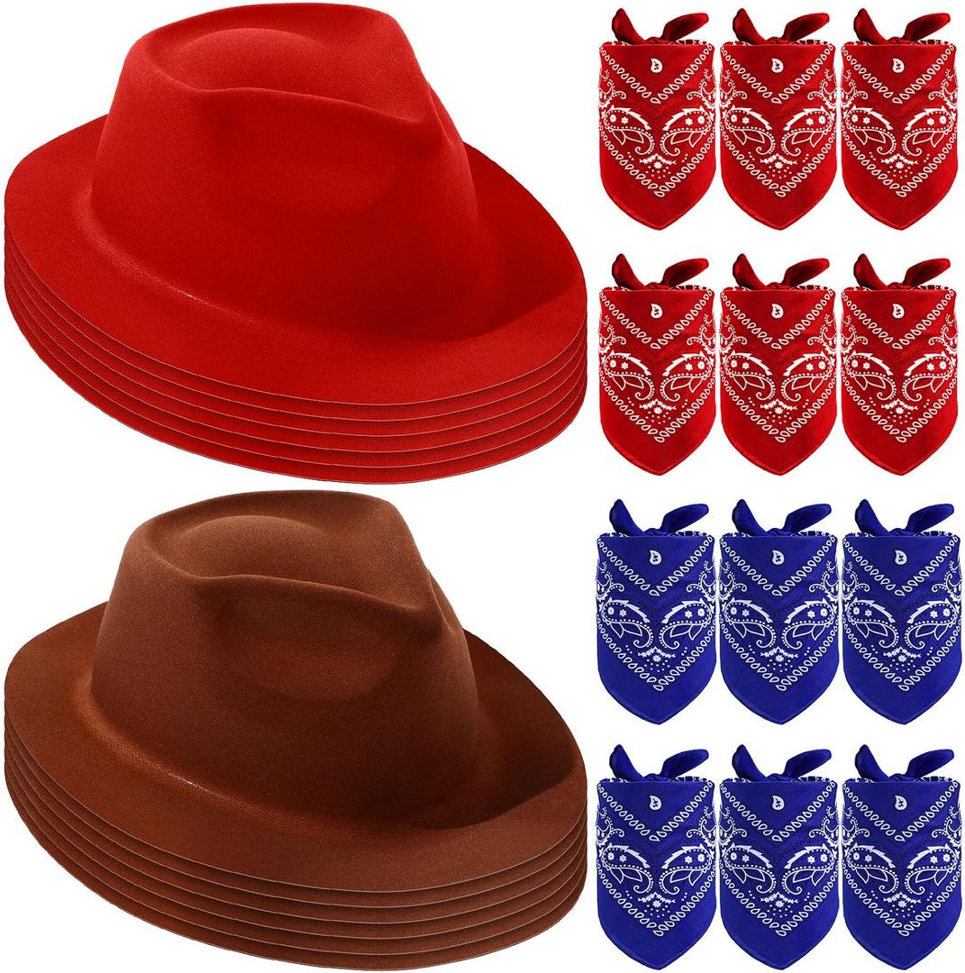 Haysandy 24 Pcs Western Cowboy Party Hats with Bandanas,Red,Brown | Kids Costume Supplies, Western Theme Decorations, Felt Hats with Paisley Bandanas, Dress up Accessories for Costume Party, 13 x 11.8 x 3 inches, One Size