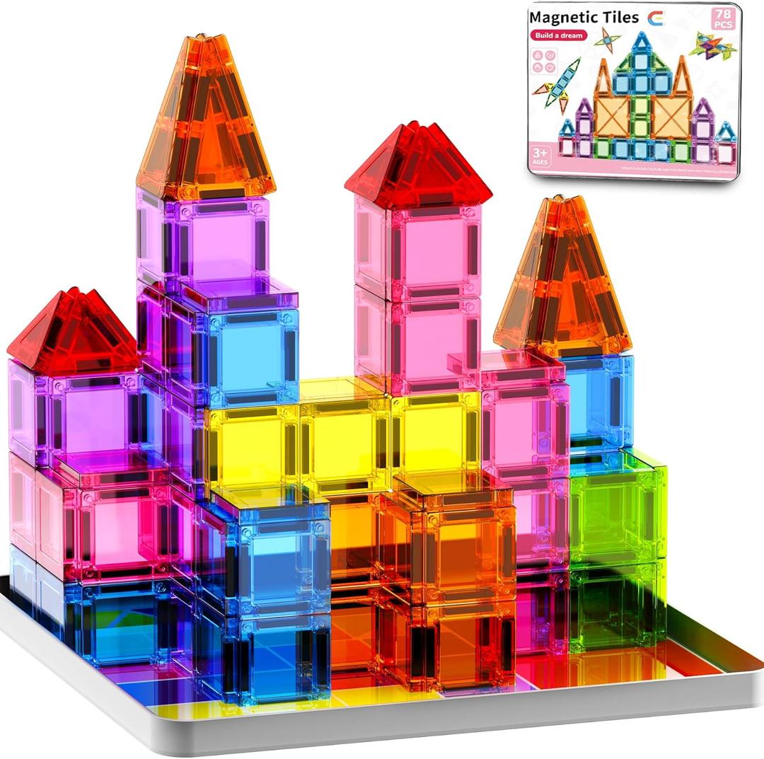 Mini Magnetic Tiles,78PCS Travel Magnetic Tiles Set with Iron Box,Portable Building Blocks for Kids Ages 3+,Car Airplane Travel Essentials Kids Toy,Creative STEM Toys Birthday Gift for Boys & Girls