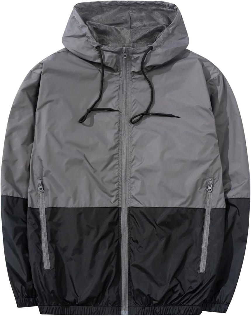 Men's Lightweight Windbreaker Jackets Outdoor Hooded Pocket Raincoat Jacket (Gray, M)