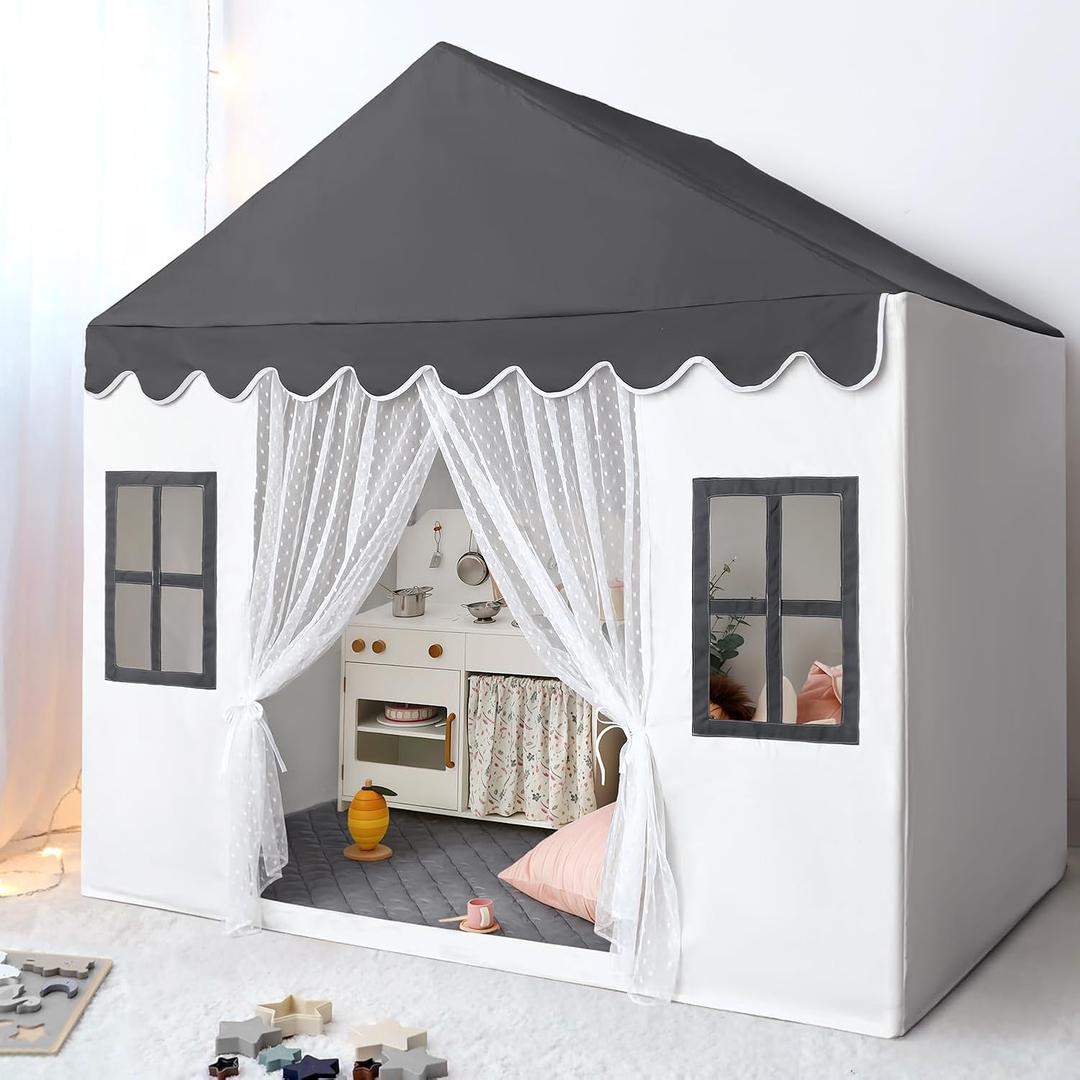 Kids Play Tent with Padded Mat, Large Playhouse Play Tent Indoor for Girls Boys, Kids Tent Toys for Toddlers Children Play House for Birthday Toy House Gift (Grey)