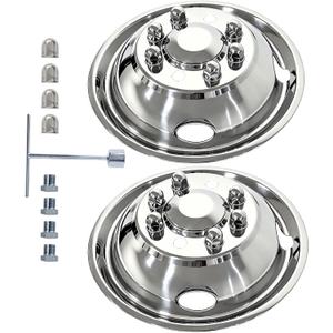 16" Wheel Simulators, 2-Pack Front,8-Lug Polished Stainless Steel RV Hub Caps, Snap-On Wheel Covers Compatible with Ford 2008-2025 E-350/E450 Dual Rear Wheel, 16"Front For E350 E450 2008-2026