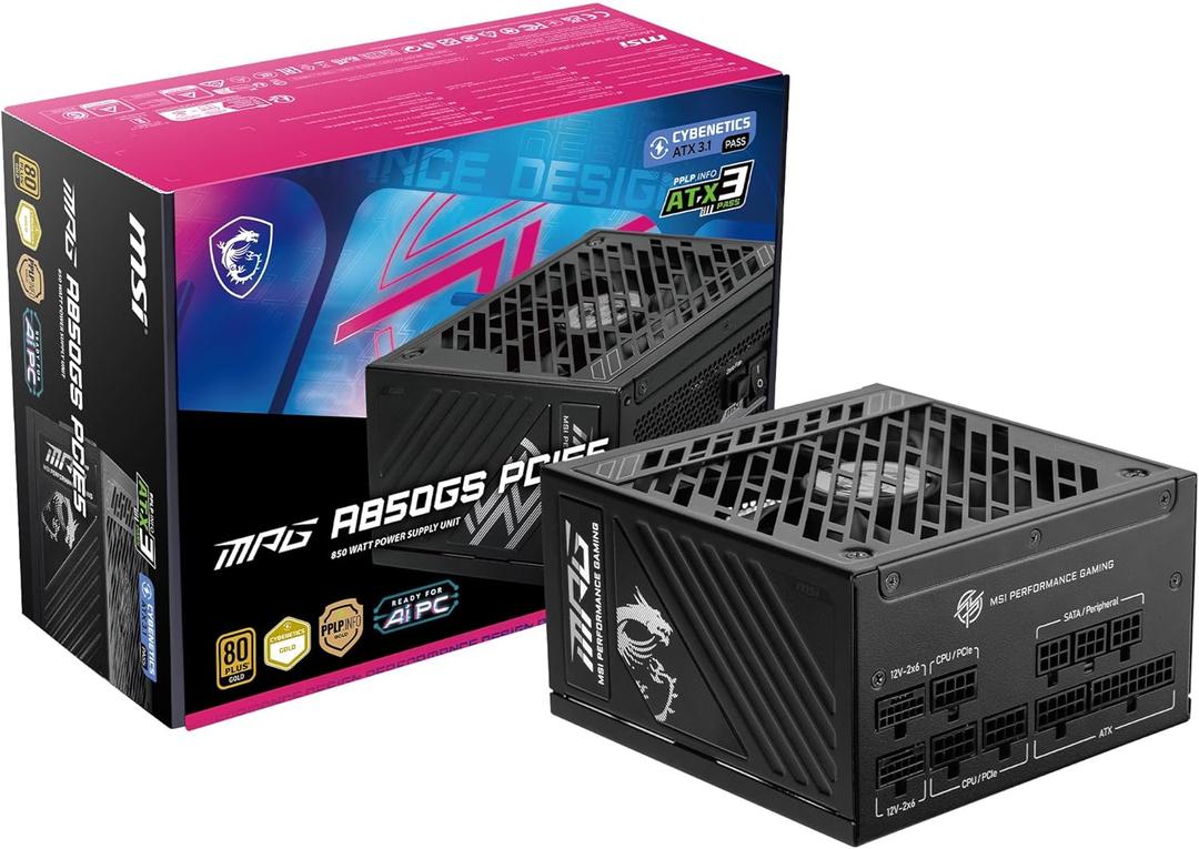 MSI MPG A850GS PCIE5, Fully Modular Gaming 850W Power Supply, 80+ Gold, Dual 12V-2x6 Cables, Server-Grade Capacitor, ATX 3.1 & PCIe 5.1 Ready, Low-Noise, Semi Digital