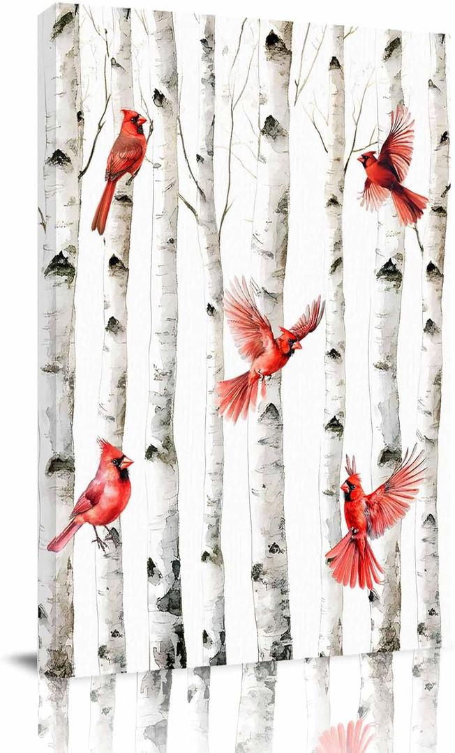 Red Birds Rustic Wall Art Giclee Canvas Prints Vintage Country Forest Tree Bird Paintings Wall Decor 24x36 Picture Framed Wall Artwork for Living Room Bedroom Bathroom Office Home