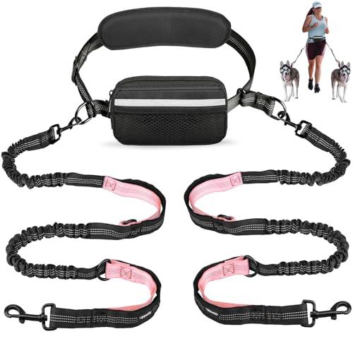 Uppetly Hands Free Dog Running Leash with Waist Belt, Dual Handle Elastic Bungees Retractable Rope for Medium and Large Dogs, Reflective Stitches for Walking Hiking Biking (Large Pink, 25-120lb)