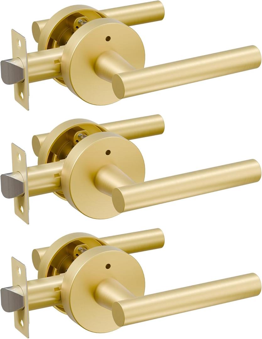 3 Pack Brushed Gold Door Handles Interior, Heavy Duty Privacy Door Lever Handles, Streamlined Interior Door Handle Gold, Brass Interiors Doors Handle Levers for Bathroom, Bedroom